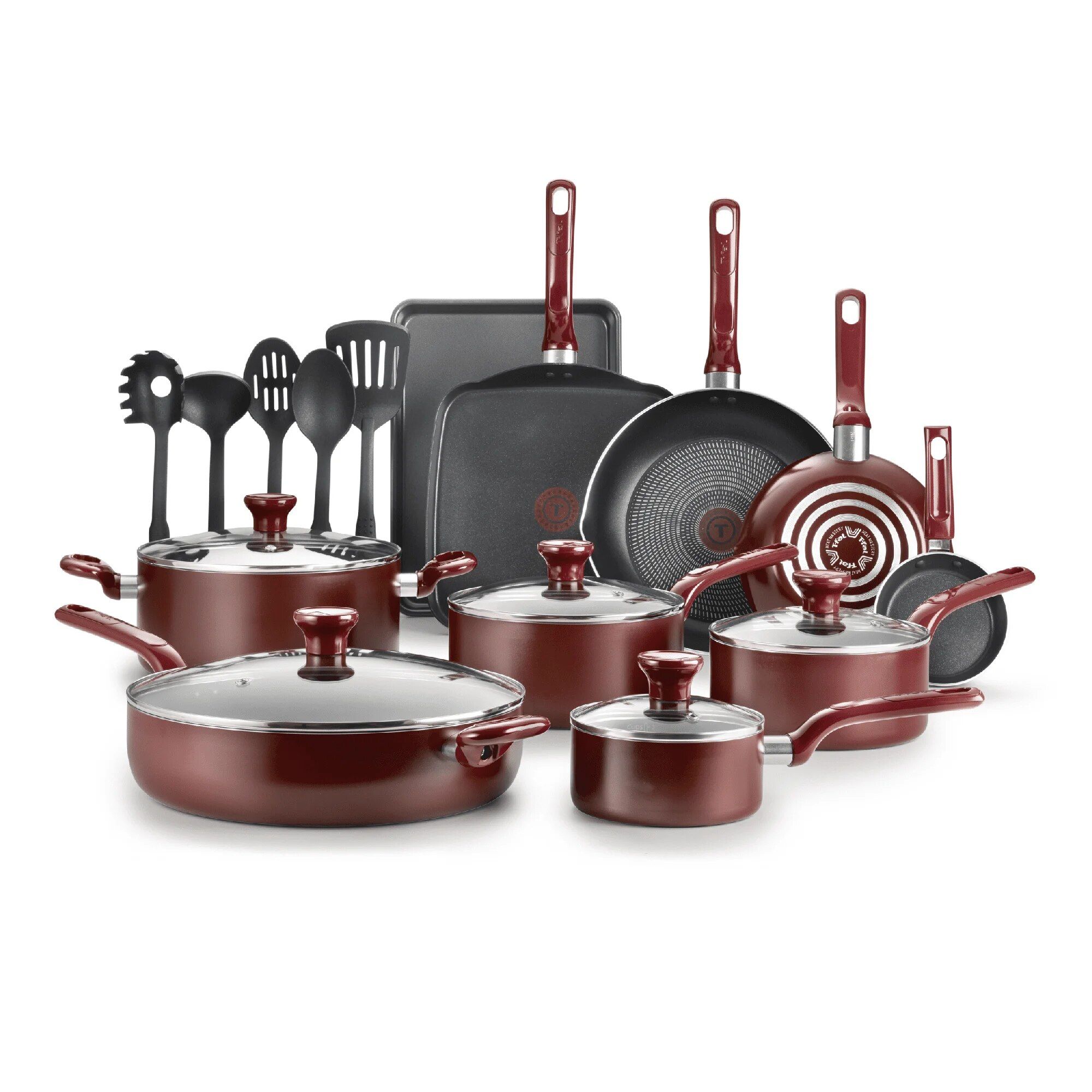 20-piece nonstick cookware set with various pots, pans, and lids, displayed on a kitchen countertop.